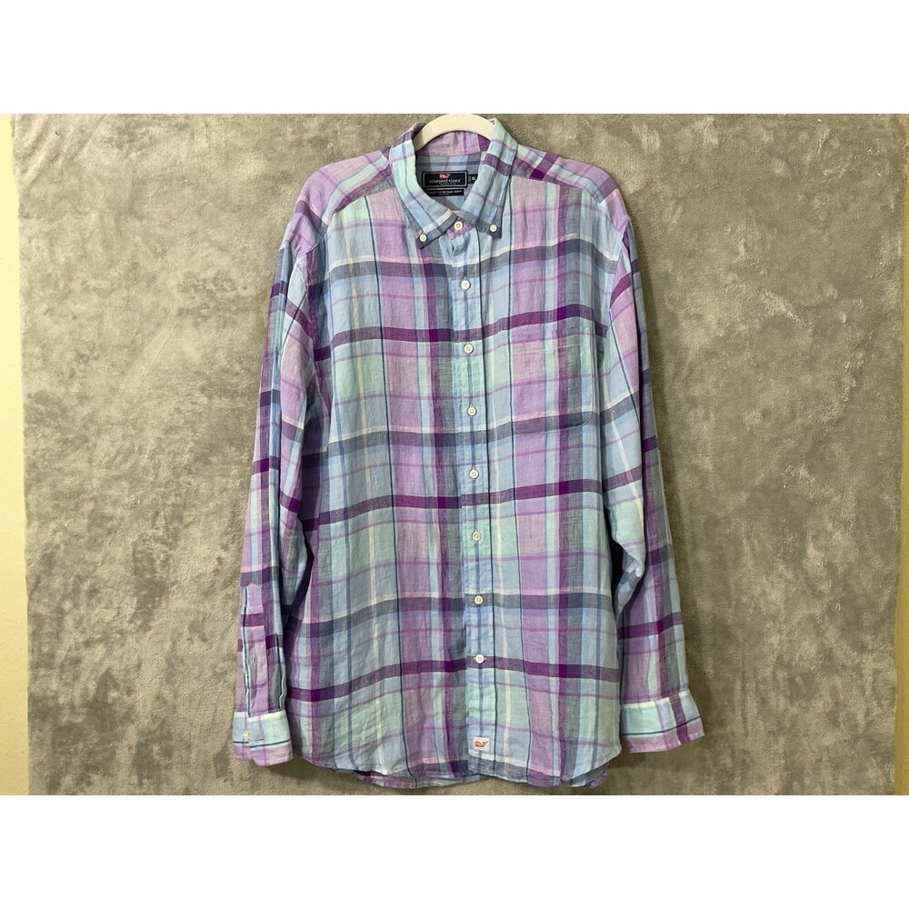 Vineyard Vines Linen shirt Men's XL Classic Fit Murray Plaid button down collar